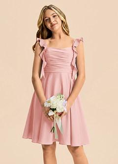 Azazie Kira Junior Powder Pink A-Line Ruched Stretch Satin Dress image3