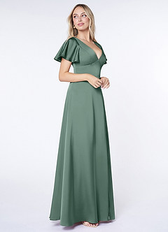 Azazie Lani Bridesmaid Dresses Eucalyptus A-Line Flounce Sleeve Stretch Satin Dress image4