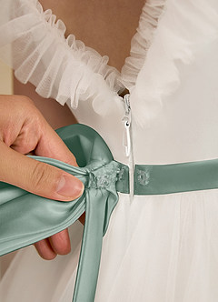 Azazie Amber Flower Girl Dresses Ivory Silver Sage A-Line Bow Tulle Dress image6