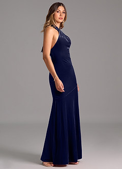 Azazie Drita Robes de demoiselle d'honneur Robe Trapèze en velours Plissée Bleu Marine Foncé image3