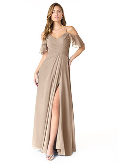 Azazie Dakota Bridesmaid Dresses Taupe A-Line V-Neck Pleated Chiffon Dress image1