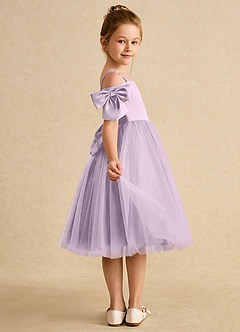 Azazie Amie Flower Girl Dresses Frosted Lilac A-Line Off the Shoulder Matte Satin Dress image6