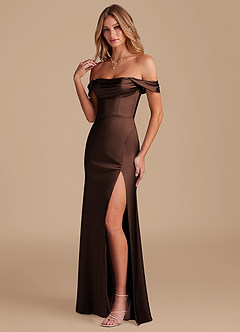 Azazie Saige Brautjungfernkleider Wandelbar Etui Schulterfrei Metallischer Satin Kleid Ganache image6