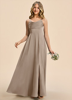 Azazie Gia Junior Taupe A-Line Pleated Stretch Satin Dress image5
