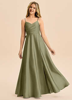 Azazie Rumi Junior Vestido de Pistacho de Satén Elástico de Corte en A con Plisado image1