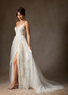 Azazie Monda Abiti da Sposa Abito A-Line in Tulle Pizzo Bianco Diamante Champagne image2
