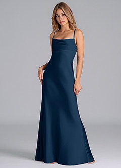 Azazie Seema Vestidos de damas de honor Vestido de Azul Marino Oscuro de Satén Elástico de Corte Sirena con Corsé image3