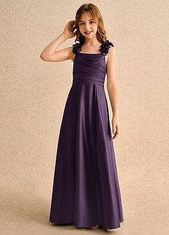 Azazie Rosita Girls Formal vestidos de niña de las flores Vestido de Ciruela de Satin Mate de Corte en A con Plisado image6