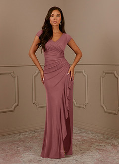 Azazie Roya Mother of the Bride Dresses Desert Rose Mermaid V-Neck Pleated Mesh Dress image2