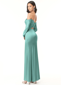 Azazie Hallie Bridesmaid Dresses Aqua Sheath Off-The-Shoulder Long Sleeve Stretch Satin Convertible Dress image6