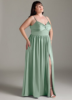 Azazie Zeya Bridesmaid Dresses Agave A-Line Pleated Stretch Satin Dress image19