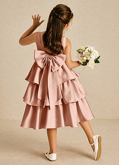 Azazie Margery Flower Girl Dresses Rose Gold A-Line Bow Stretch Satin Dress image1