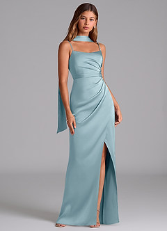 Azazie Calandra Robes de demoiselle d'honneur Robe Trapèze en Satin extensible Plissée Bleu Maussade image3