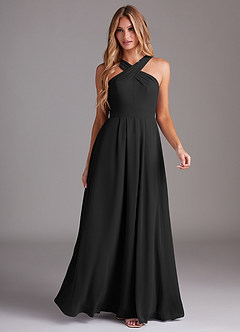 Azazie Dixie Bridesmaid Dresses Black A-Line Halter Pleated Chiffon Dress image3
