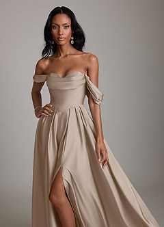 Azazie Loisa Bridesmaid Dresses Taupe A-Line Off the Shoulder Stretch Satin Dress image5