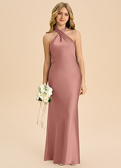 Azazie Chickie Junior Rosette Sheath Pleated Stretch Satin Dress image3