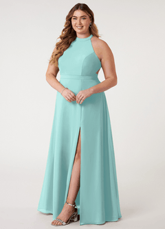 Azazie Clarice Bridesmaid Dresses Aqua A-Line Halter Chiffon Dress image11