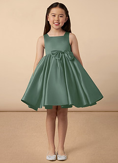 Azazie Bo Peep Blumenmädchenkleider A-Linie Schleifen Matte Satin Kleid Eukalyptus image1