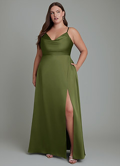 Azazie Sarella Bridesmaid Dresses Olive A-Line Pleated Stretch Satin Dress image10