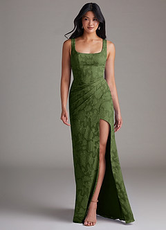 Azazie Mero Jurken voor bruidsmeisjes Jurk van Bloemen Burn-out met Kolom Geplooid Olijf image4