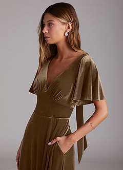 Azazie Kimber Bridesmaid Dresses Mahogany A-Line with Pockets Velvet Dress image6