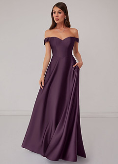 Barbie ♥ Azazie Bridesmaid Dresses Plum A-Line Off the Shoulder Stretch Satin Convertible Dress image2