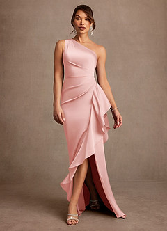 Azazie Yvette Mother of the Bride Dresses Powder Pink Sheath One Shoulder Stretch Satin Dress image3