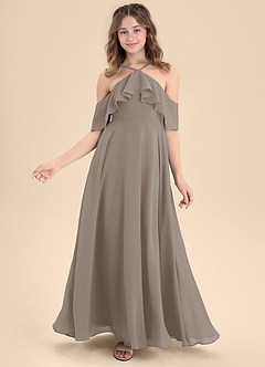 Azazie Tessabelle Junior Abito A-Line in Chiffon a Spalla Scoperta Taupe image6