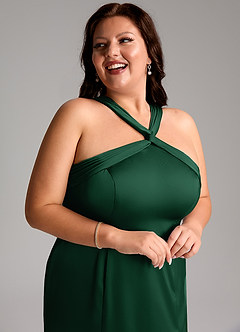 Azazie Rue Robes de demoiselle d'honneur Robe Trapèze en Satin extensible Plissée Vert Foncé image13