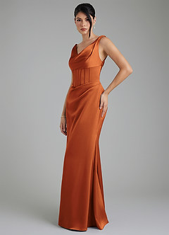 Azazie Spencer Robes de demoiselle d'honneur Robe Sirène en Satin extensible Plissée Cannelle image3