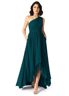 Azazie Mathilda Robes de demoiselle d'honneur Robe Trapèze en Mousseline de soie Ue épaule Vert Pin image1