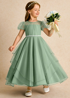 Azazie Duckie Abiti da Ragazza di Fiori Abito Principessa in Tulle Plissettato Matcha image1