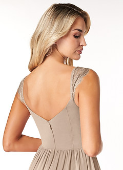 Azazie Cleobella Bridesmaid Dresses Taupe A-Line Sweetheart Lace Chiffon Dress image7