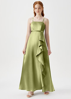 Azazie Kaylee Junior A-Linie Gürtel/Schärpe Metallischer Satin Kleid Pistazie image3