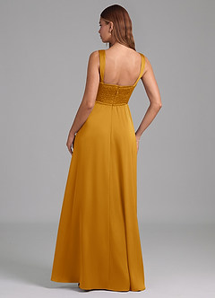 Azazie Rosaline Bridesmaid Dresses Butterscotch A-Line Side Slit Stretch Satin Dress image2