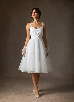 Azazie Ardea Robes de mariée Robe Trapèze en Crêpe Élastique Col V plissé Blanc De Diamant image1