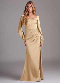 Azazie Charissa Bridesmaid Dresses Champagne Sheath Long Sleeve Stretch Satin Dress image3