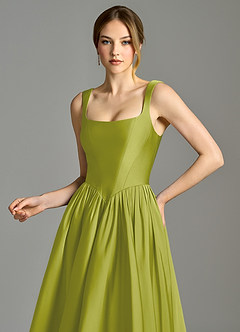 Azazie Verina Bridesmaid Dresses Lemongrass A-Line Pleated Stretch Satin Dress image2