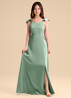 Azazie Everett Junior Agave A-Line Bow Stretch Satin Dress image6