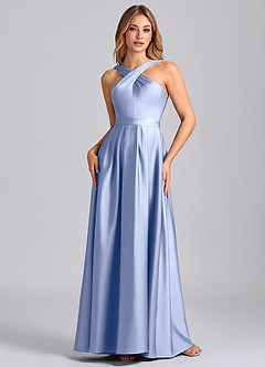 Azazie Dixie 신부 들러리 드레스 A라인 주름진 스트레치 새틴 바닥 길이 드레스 image4