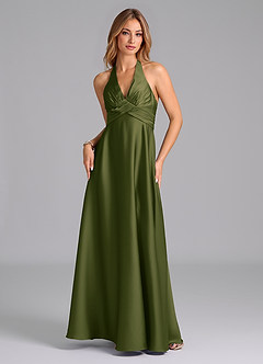 Azazie Tessie Bridesmaid Dresses Bright Olive A-Line Pleated Stretch Satin Dress image5
