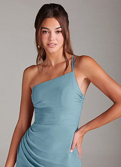 Azazie Eren Vestidos de damas de honor Vestido de Azul Malhumorado de Gasa de Corte Recto con Hombro unilateral image6