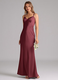 Azazie Suttona Bridesmaid Dresses Merlot A-Line Pleated Stretch Satin Dress image4