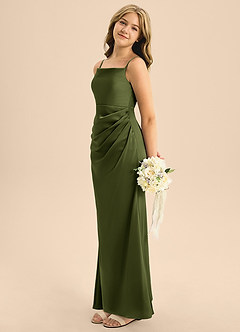 Azazie Renna Junior Olive A-Line Pleated Stretch Satin Dress image3