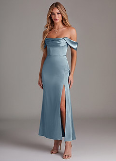 Azazie Saige 신부 들러리 드레스 인어 오프 더 숄더 스트레치 새틴 발목 길이 드레스 image1