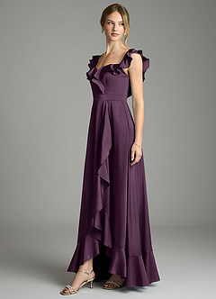 Azazie Lyra Bridesmaid Dresses Plum A-Line Off the Shoulder Stretch Satin Convertible Dress image4