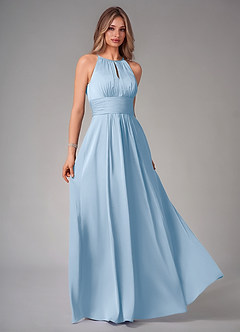 Azazie Bonnie At-home Try On Dresses Dusty Blue A-Line Pleated Stretch Satin Dress image1