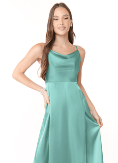 Azazie Naomie Bridesmaid Dresses Aqua A-Line Cowl Neckline Side Slit Stretch Satin Dress image5