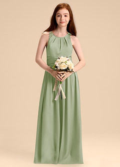 Azazie Bibiane Junior Jurk van Stretch Satijn met A-Lijn Geplooid Stoffige Salie image4