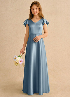 Azazie Nari Girls Formal Sukienki dla dziewczynek sypiących kwiaty Linia A z rękawami Satyna elastyczna Długość podłogi Sukienka image3